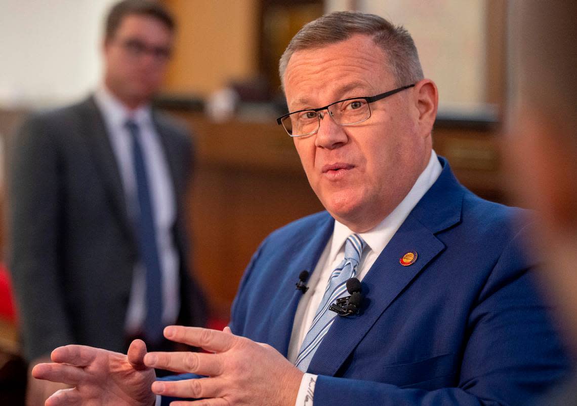 House Speaker Tim Moore talks with journalists after gaveling the house into recess on Tuesday morning, September 19. 2023 in Raleigh, N.C. Moore said he expected a vote on the state budget this week.