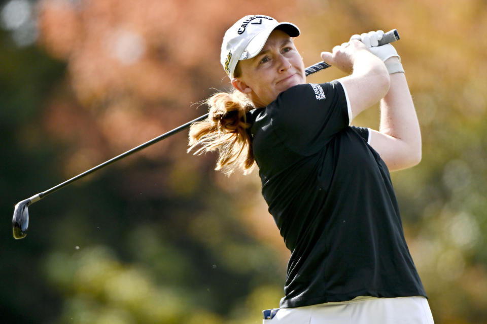 Gemma Dryburgh of Scotland watches her tee shot on the third hole during the LPGA Tour's Toto Japan Classic at the Seta Golf Club in Shiga, Japan Saturday, Nov. 5, 2022. (Kyodo News via AP)