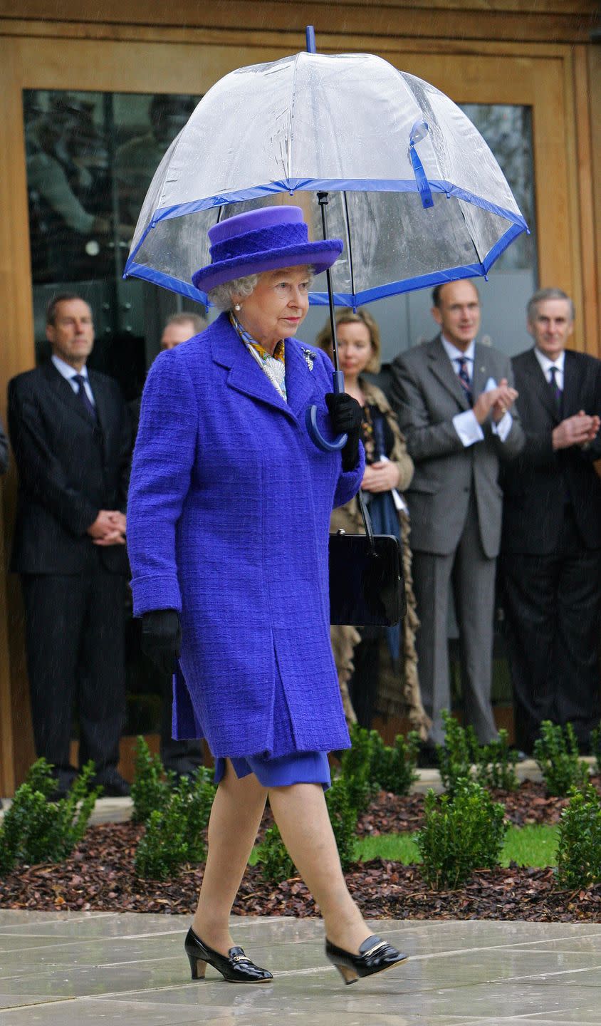 <p>Queen Elizabeth is the OG of monochrome and has been rocking the look *long* before it was trending. We'd expect nothing less from the woman who even has <a href="https://www.townandcountrymag.com/society/tradition/a26899647/queen-elizabeth-umbrellas-fulton-match-outfit/" rel="nofollow noopener" target="_blank" data-ylk="slk:custom umbrellas" class="link ">custom umbrellas</a> to match her outfits. </p>