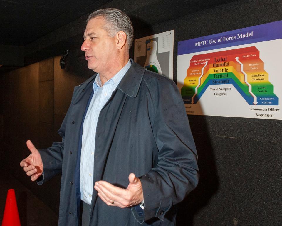 Middlesex Sheriff Peter Koutoujian speaks inside the Middlesex Sheriff Mobile Training Center, which is part of his office's interactive scenario-based training program, March 14, 2023.