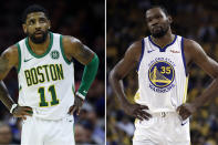FILE - At left, in a March 20, 2019, file photo, Boston Celtics' Kyrie Irving is shown during an NBA basketball game against the Philadelphia 76ers in Philadelphia. At right, in a May 8, 2019, file photo, Golden State Warriors' Kevin Durant is shown during the first half of Game 5 of the team's second-round NBA basketball playoff series against the Houston Rockets in Oakland, Calif. Irving said Friday, Sept. 27, 2019 at the Brooklyn Nets media day, that Durant wasn’t ready to play in the NBA Finals and won’t let his new teammate come back to the court this time until he’s fully healthy. (AP Photo/File)