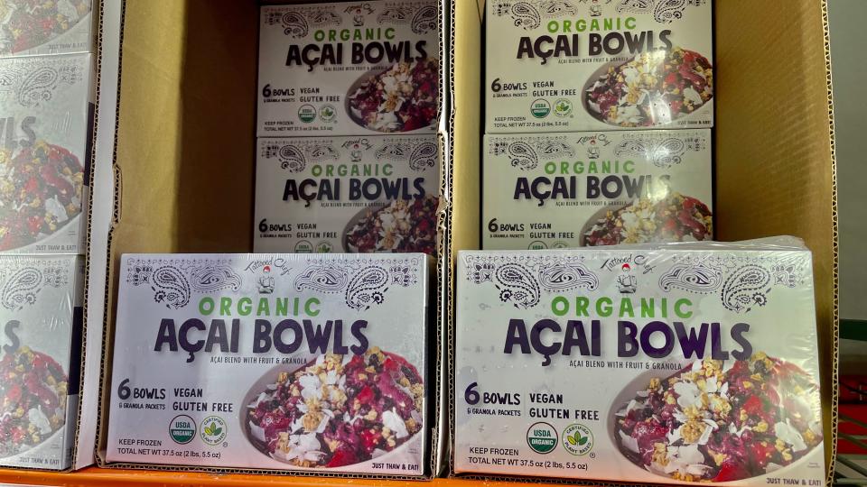 frozen organic acai bowls in boxes in freezer
