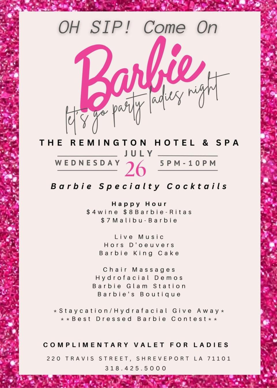 Be pretty in pink at Oh Sip! Come on Barbie Let’s Go Party Ladies’ Night at the Remington Suite Hotel and Spa.