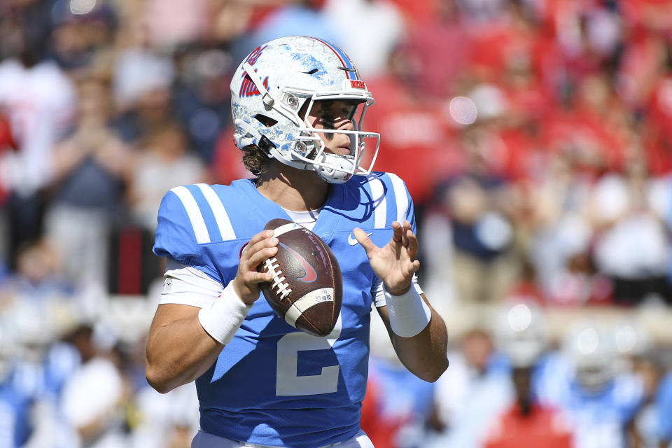 Mississippi quarterback Jaxson Dart (2) looks to pass during the first half of an NCAA college football game against Kentucky in Oxford, Miss., Saturday, Oct. 1, 2022. (AP Photo/Thomas Graning)