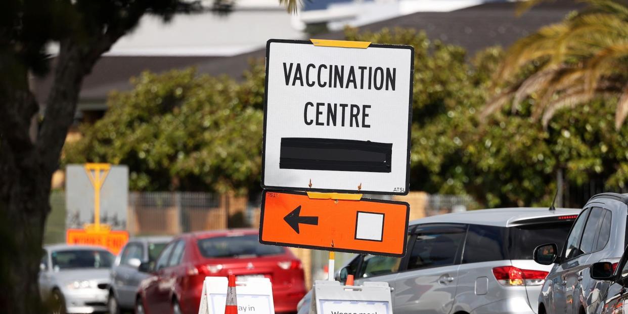 A vaccination centre sign directs the public during a lockdown to curb the spread of a coronavirus disease (COVID-19) outbreak in Auckland, New Zealand, August 26, 2021