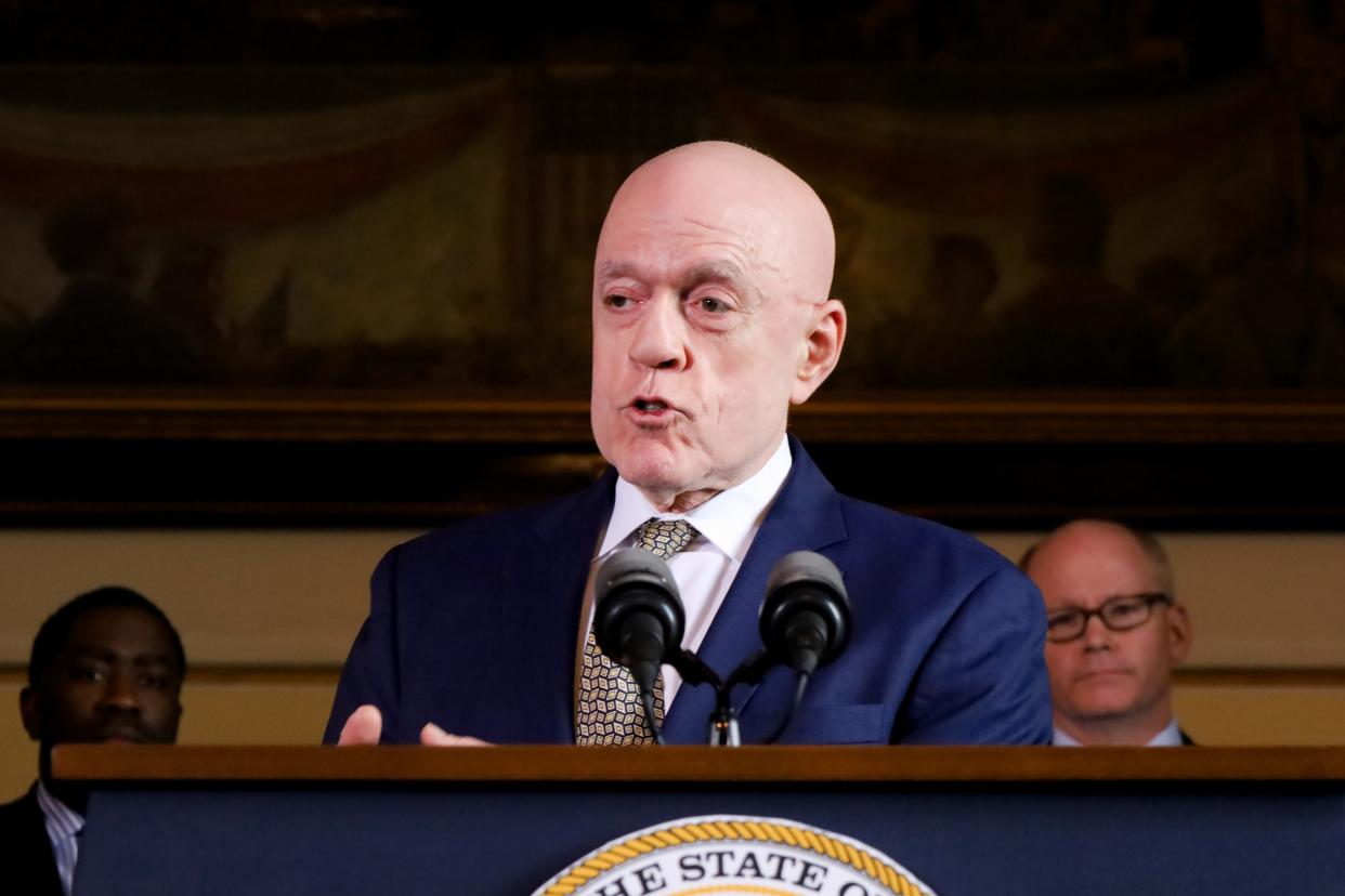 House Majority Leader Greg Harris, D-Chicago, speaks at a Capitol press conference on March 24 about the unemployment insurance trust fund.