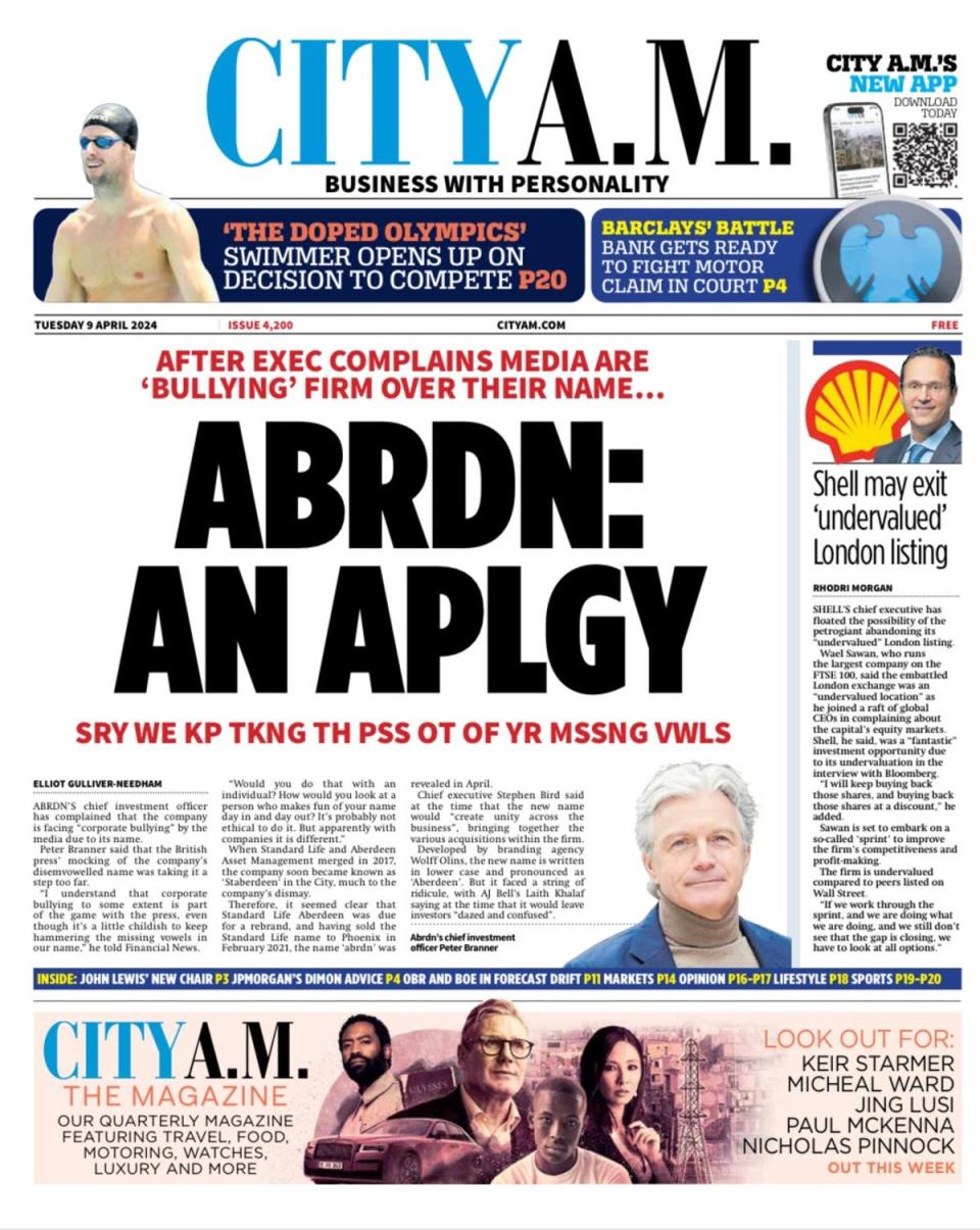 City AM's front page, 9th April 2024