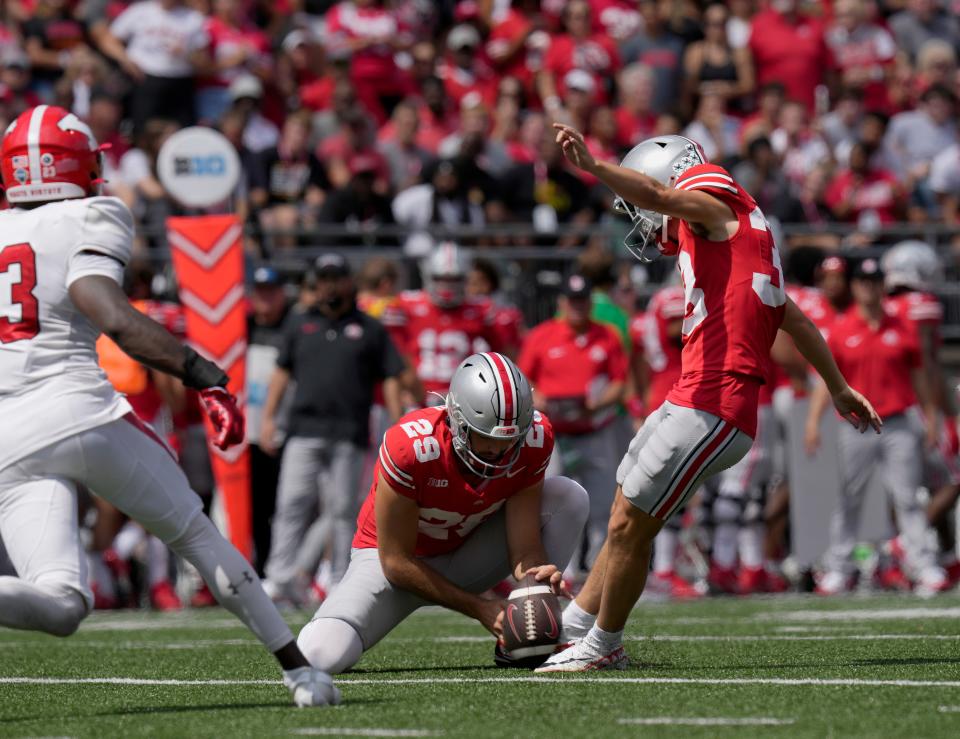 Ohio State kicker Jayden Fielding is 16 for 16 on extra points this season.