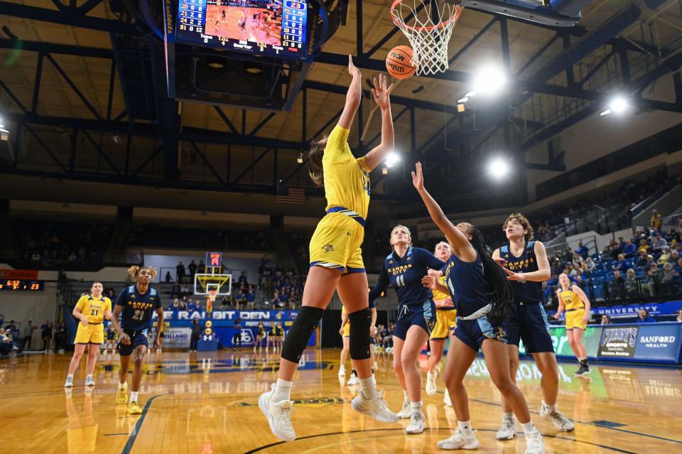SDSU forward Mesa Byom (24) shoots the ball on Thursday, Feb. 15, 2024 at Frost Arena in Brookings.