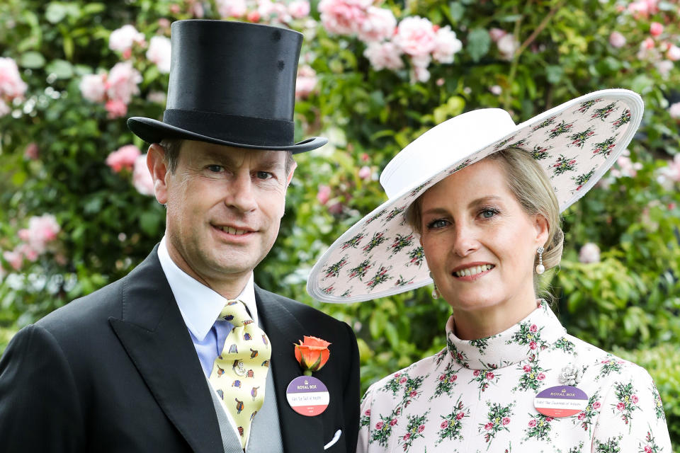 ASCOT, ENGLAND - JUNE 18: (EDITORS NOTE: Retransmission with alternate crop.) Prince Edward, Duke of Wessex and Sophie, Countess of Wessex pose for photographs ahead their 20th wedding anniversary on day one of Royal Ascot at Ascot Racecourse on June 18, 2019 in Ascot, England. (Photo by Chris Jackson/Getty Images)