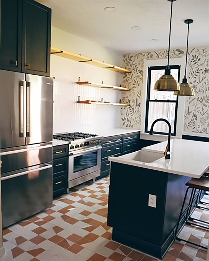 Neutral tile floor in newly renovated kitchen.