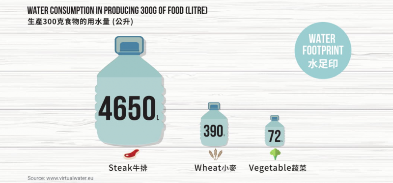 畜牧業耗水量驚人，生產1公斤牛肉所消耗的水量是生產1公斤小麥的10倍以上。（Green Monday提供）
