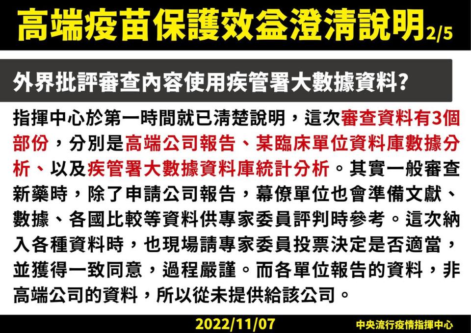 王必勝在記者會澄清關於高端保護效益審查的5點質疑。（指揮中心提供）