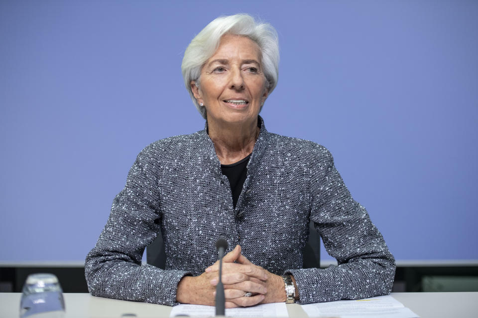 FRANKFURT AM MAIN, GERMANY - MARCH 12: Christine Lagarde, President of the European Central Bank, speaks to the media following a meeting of the ECB governing board at ECB headquarters on March 12, 2020 in Frankfurt, Germany. The ECB is pursuing measures to counter the economic impact of the rapidly spreading coronavirus. The number of confirmed cases across Europe has reached 25,000. (Photo by Thomas Lohnes/Getty Images)