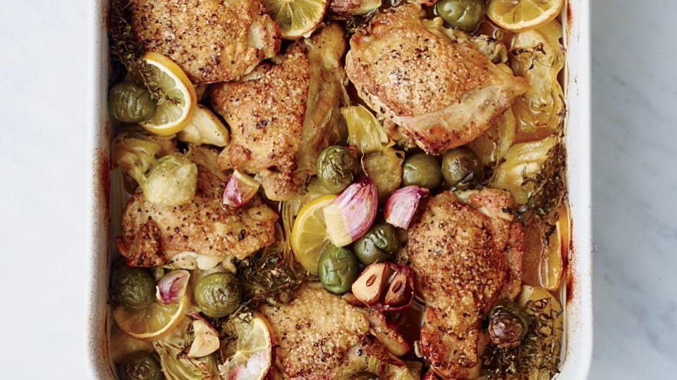 Braised Chicken Thighs with Marinated Artichokes