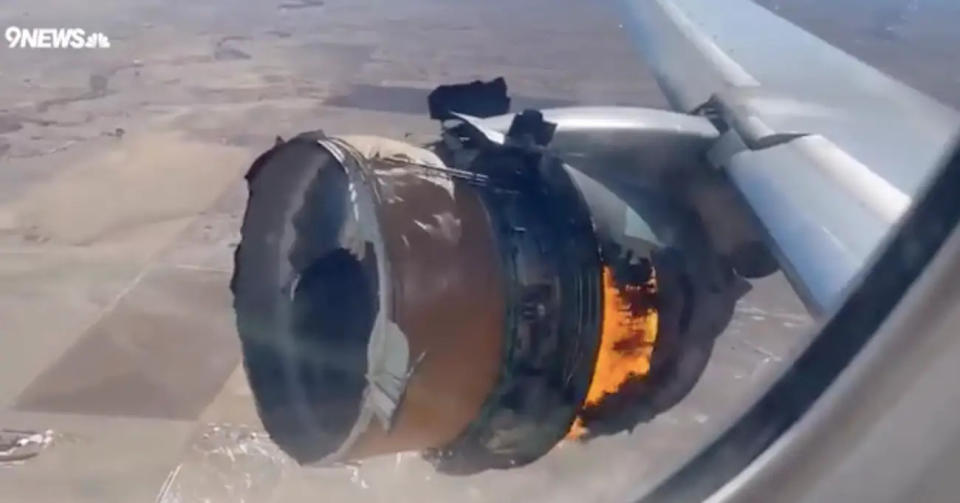 The engine of a United Airlines Boeing 777 plane. - Copyright: YouTube/9News