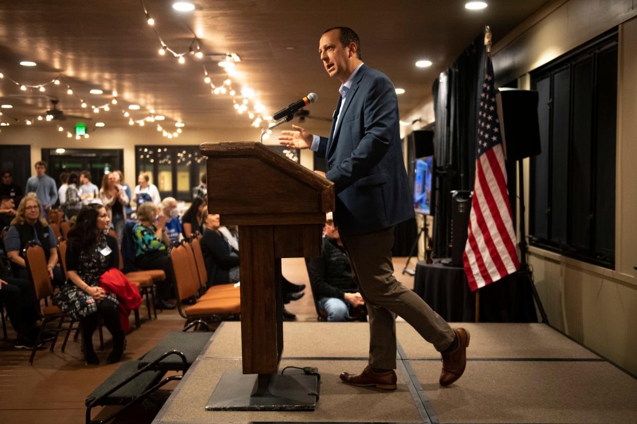 Colorado State Rep. Andrew Boesenecker speaks during an election party hosted by the Larimer County Democrats at the Marriott in Fort Collins on Election Day, Nov. 8, 2022.