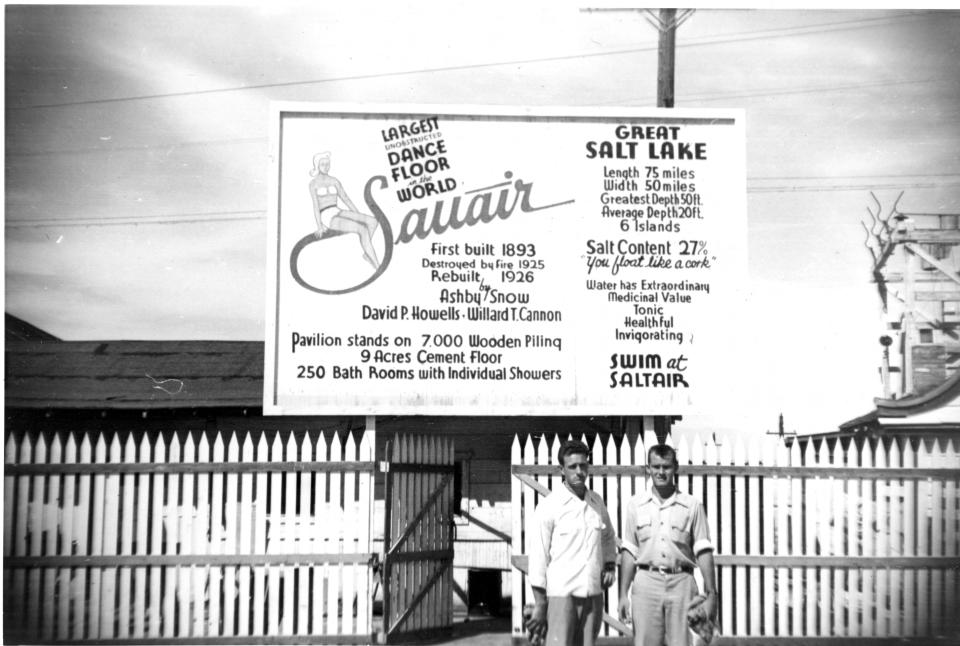 This photo from 1930 shows a promotional sign at Saltair. In 1893 The Church of Jesus Christ of Latter-day Saints built Saltair on the south shore of the Great Salt Lake, 16 miles from downtown Salt Lake City. It was sold to a private individual in 1906. The main attraction was swimming in the Great Salt Lake. There was also a roller coaster, a merry-go-round, a ferris wheel, midway games, bicycle races, touring vaudeville companies, rodeos, bullfights, boat rides on the lake, firework display and even hot-air balloons. In 1925 it burned to the ground. A new pavilion was designed and built but it never regained its popularity. It closed for good in 1958. It was again destroyed by fire in November 1970. | Photo courtesy Uintah County Library Regional History Center.