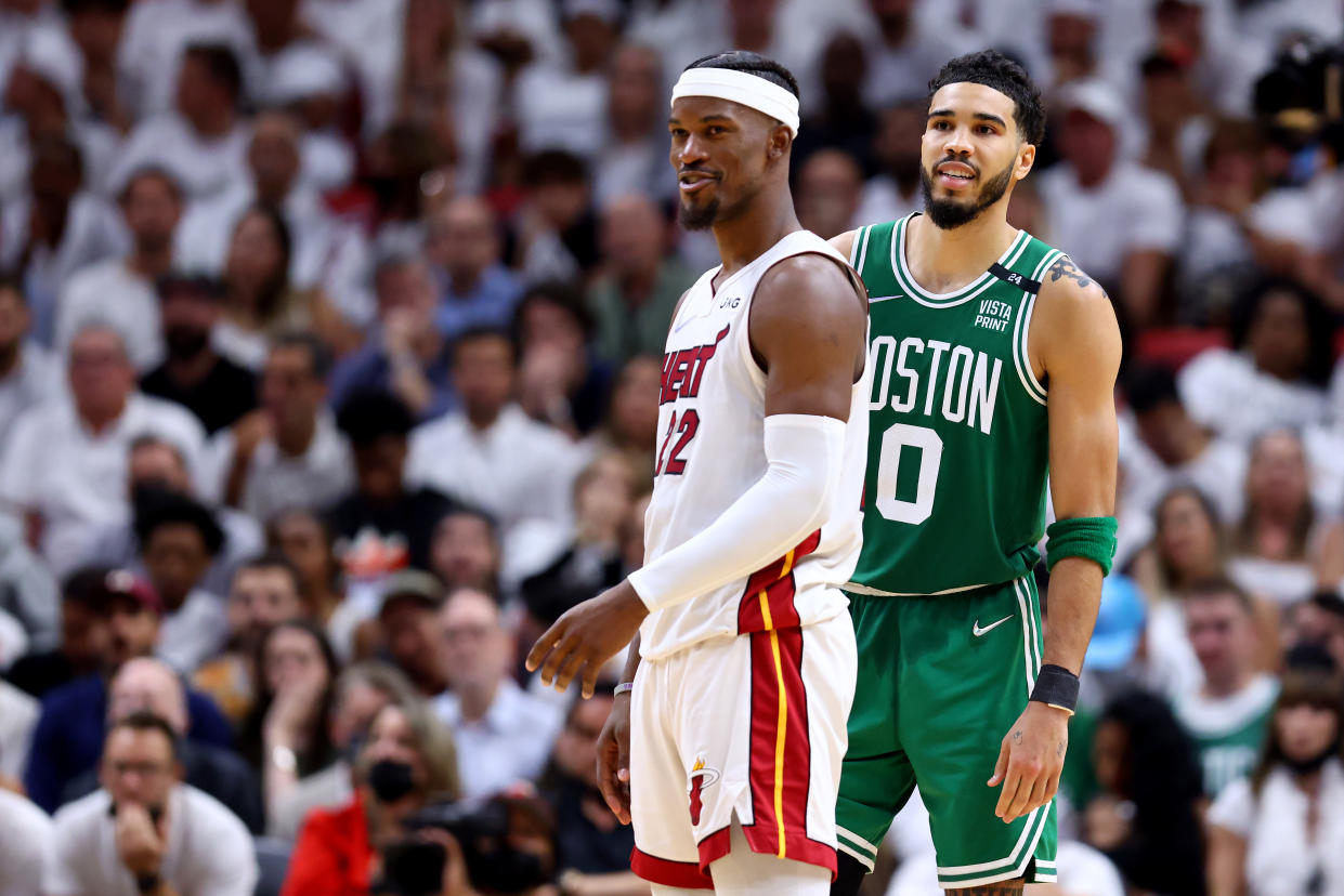 Jimmy Butler of the Miami Heat and Jayson Tatum of the Boston Celtics will do battle again in Game 2 of the Eastern Conference finals. (Photo by Michael Reaves/Getty Images)