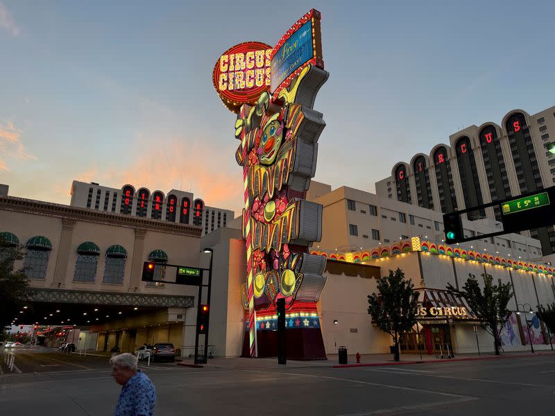 Circus Circus casino lights up a downtown street in Reno