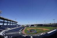 The New York Yankees take batting practice at George M. Steinbrenner Field during a spring training baseball workout Tuesday, Feb. 23, 2021, in Tampa, Fla. (AP Photo/Frank Franklin II)