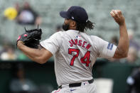 Boston Red Sox pitcher Kenley Jansen throws to an Oakland Athletics batter during the ninth inning of a baseball game Wednesday, April 3, 2024, in Oakland, Calif. (AP Photo/Godofredo A. Vásquez)