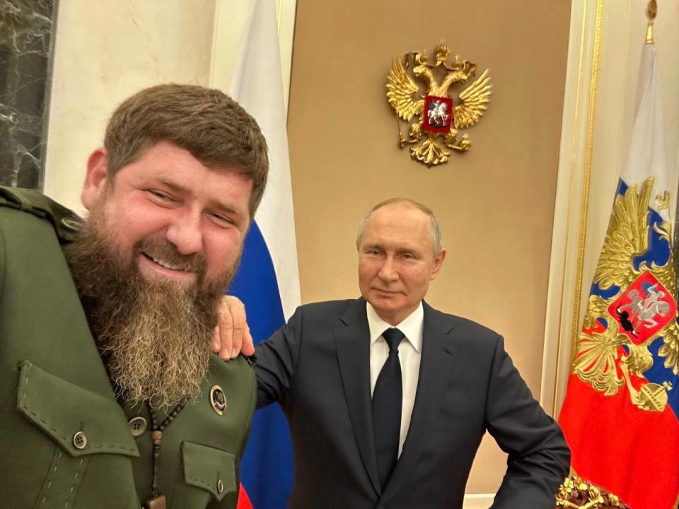 Chechen leader Ramzan Kadyrov (L) attends a meeting with Vladimir Putin (L) in Moscow, Russia, on Jun. 28, 2023. (Kadyrov's Telegram channel)