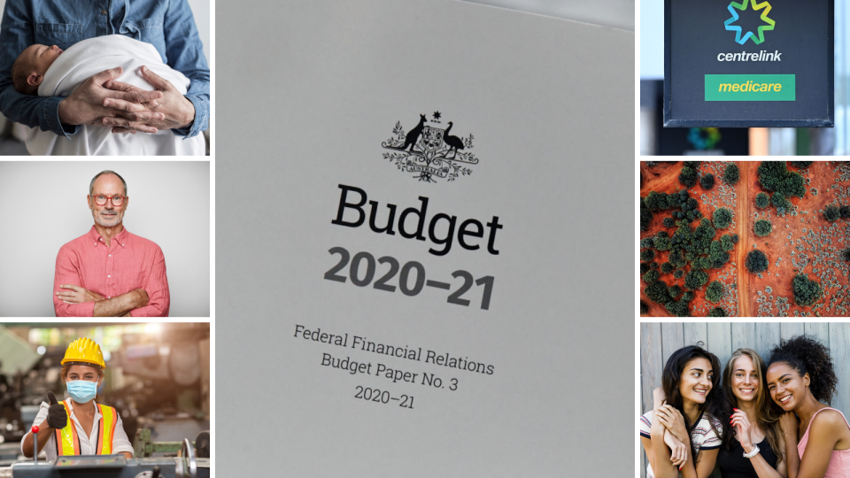 Man holding baby (Left top), old man folding his arms (Left middle), young female tradie (left bottom), Budget 2020-21 papers (middle), Centrelink sign (right top), regional Australian road (right middle), three young multicultural women holding eachother (right bottom). Source: Getty 