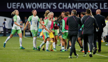 Soccer Football - Women's Champions League Final - Olympique Lyonnais vs VfL Wolfsburg - Valeriy Lobanovskyi Stadium, Kiev, Ukraine - May 24, 2018 Wolfsburg’s Pernille Harder celebrates scoring their first goal REUTERS/Gleb Garanich