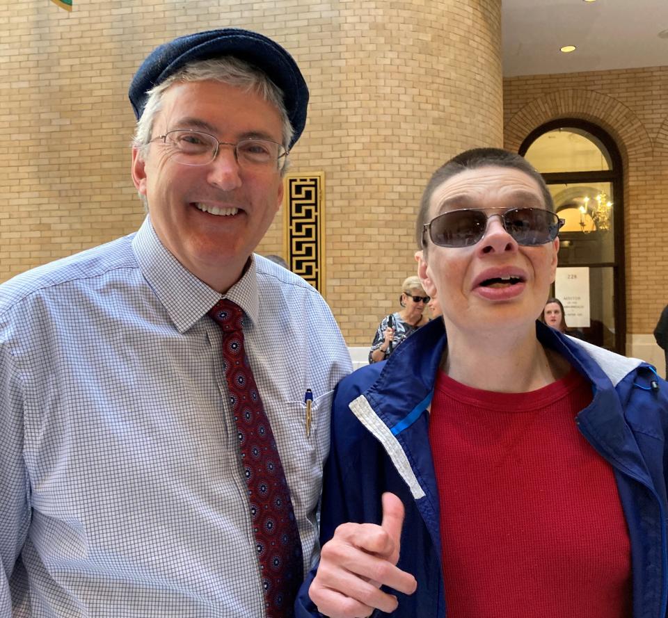 Harry Duchesne of Audio Journal, a broadcast service for the blind based in Worcester, attended the gathering marking White Cane Awareness Day at the State House with his volunteer meteorologist Bill Ruggiero.