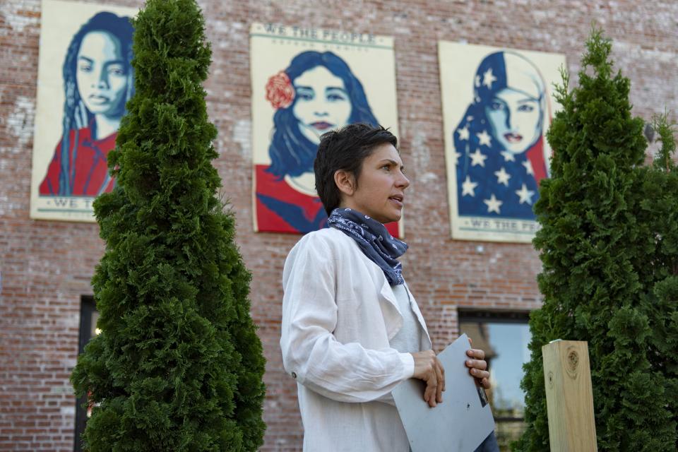 Alderwoman Cara Spencer speaks at a gathering with community members and STL Not for Sale on Monday, Aug. 10, 2020, in St. Louis. Spencer is one of four candidates seeking to replace retiring St. Louis Mayor Lyda Krewson. (Chris Kohley/St. Louis Post-Dispatch via AP)