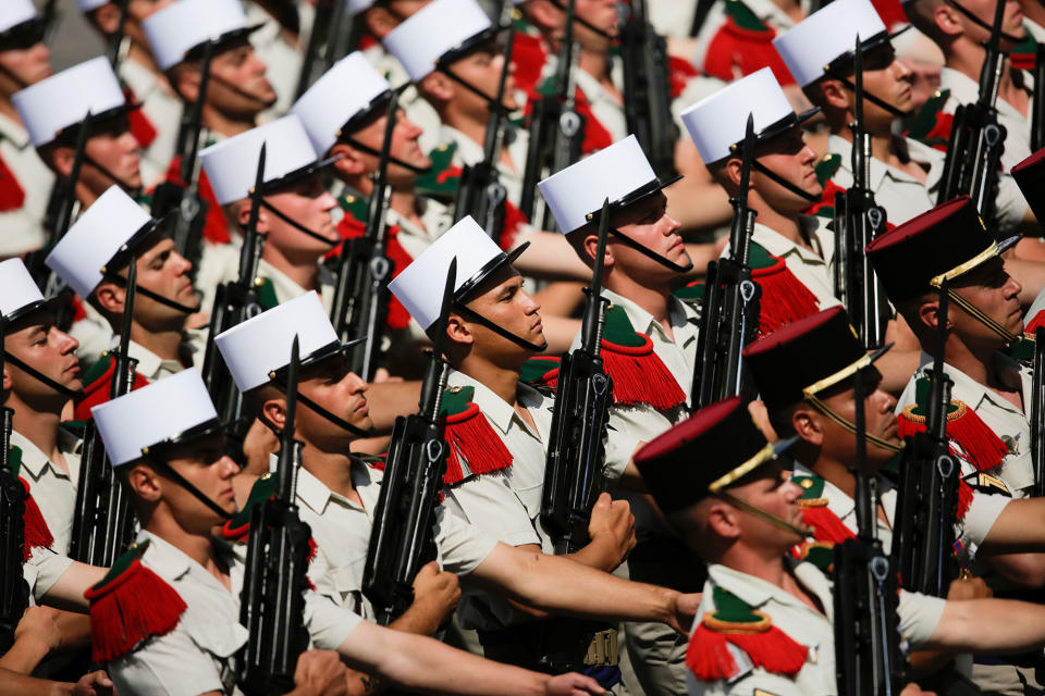 <p>French soldiers march down the Champs Elysees during the Bastille Day parade in Paris, Friday, July 14, 2017. (Photo: Markus Schreiber/AP) </p>