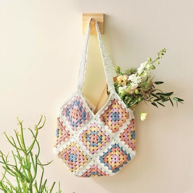 Handmade pastel crochet bag with granny square pattern