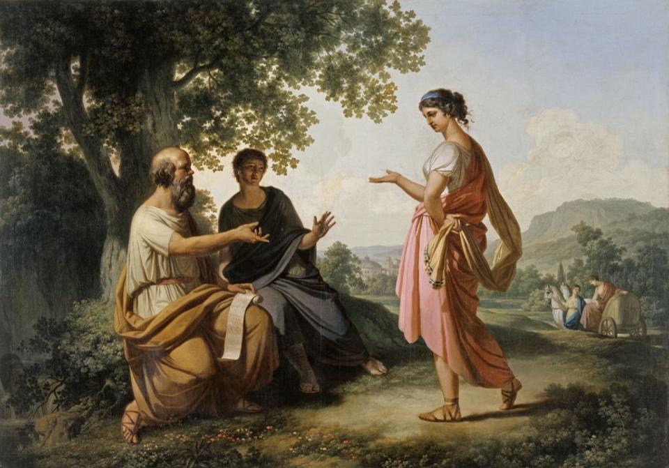 'Sócrates con un discípulo y Diotima', de Franz Caucig. <a href="https://commons.wikimedia.org/wiki/File:Franc_Kav%C4%8Di%C4%8D_-_Sokrat_z_u%C4%8Dencem_in_Diotimo.jpg" rel="nofollow noopener" target="_blank" data-ylk="slk:Galería Nacional de Eslovenia / Wikimedia Commons;elm:context_link;itc:0;sec:content-canvas" class="link ">Galería Nacional de Eslovenia / Wikimedia Commons</a>