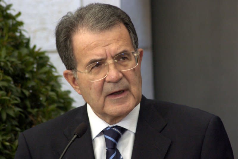 Italian Prime Minister Romano Prodi speaks at a welcoming ceremony in Jerusalem, July 9, 2007. On January 24, 2008, Prodi resigned after losing a confidence vote in the Senate. File Photo by Debbie Hill/UPI