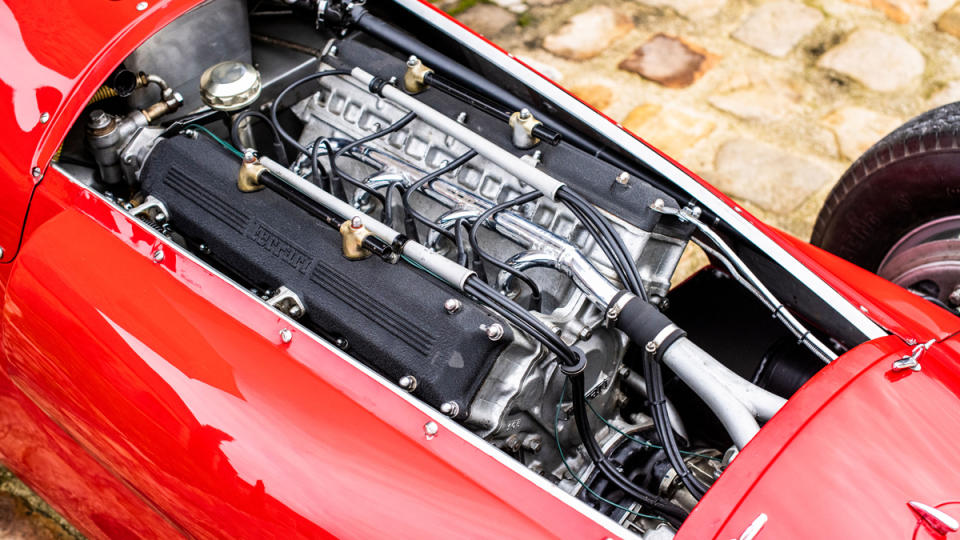 The naturally aspirated inline-four engine inside a 1954 Ferrari Tipo 625 Monoposto.