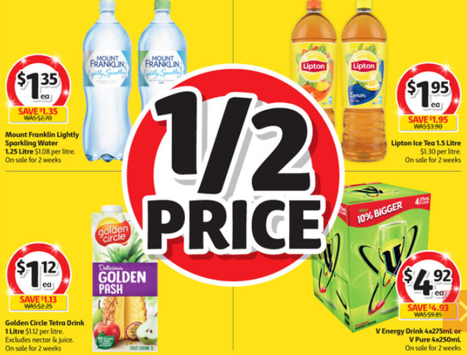 Soft drinks and fruit drink selling for half-price at Coles. 