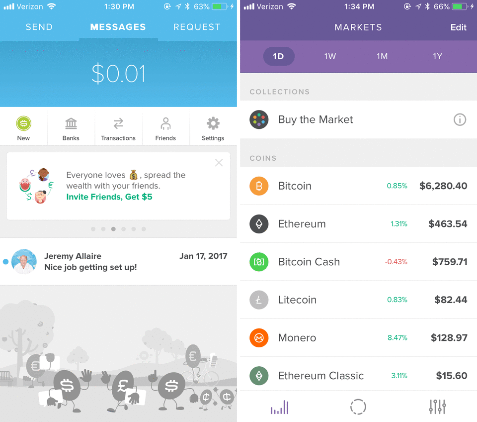 Screens from the Circle Pay app (L) and the Circle Invest app