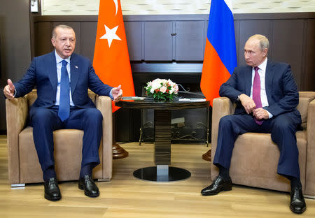 Russian President Vladimir Putin (R) meets with his Turkish counterpart Tayyip Erdogan in Sochi, Russia September 17, 2018. Alexander Zemlianichenko/Pool via REUTERS