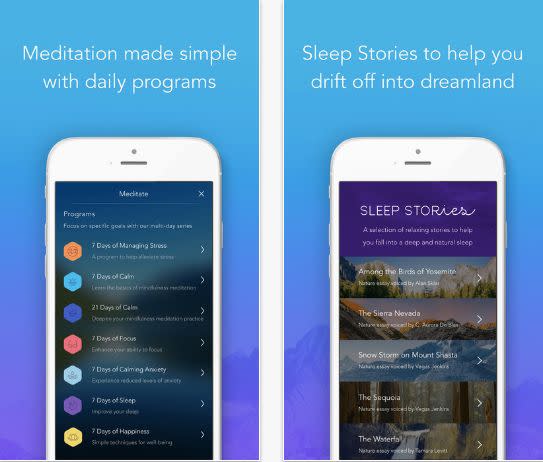 The <a href="https://www.calm.com/subscribe" target="_blank">Calm</a> mindfulness app offers guided meditations&nbsp;in sessions that run from three minutes to 25 minutes. Some topics of meditation include gratitude and self-esteem. The app also features&nbsp;more than 25 soothing nature sounds to listen to while you relax, work or do yoga. Users can subscribe for $12.99 per month, or $60 for the year. The app works on an iPad,&nbsp;iPhone and Android.