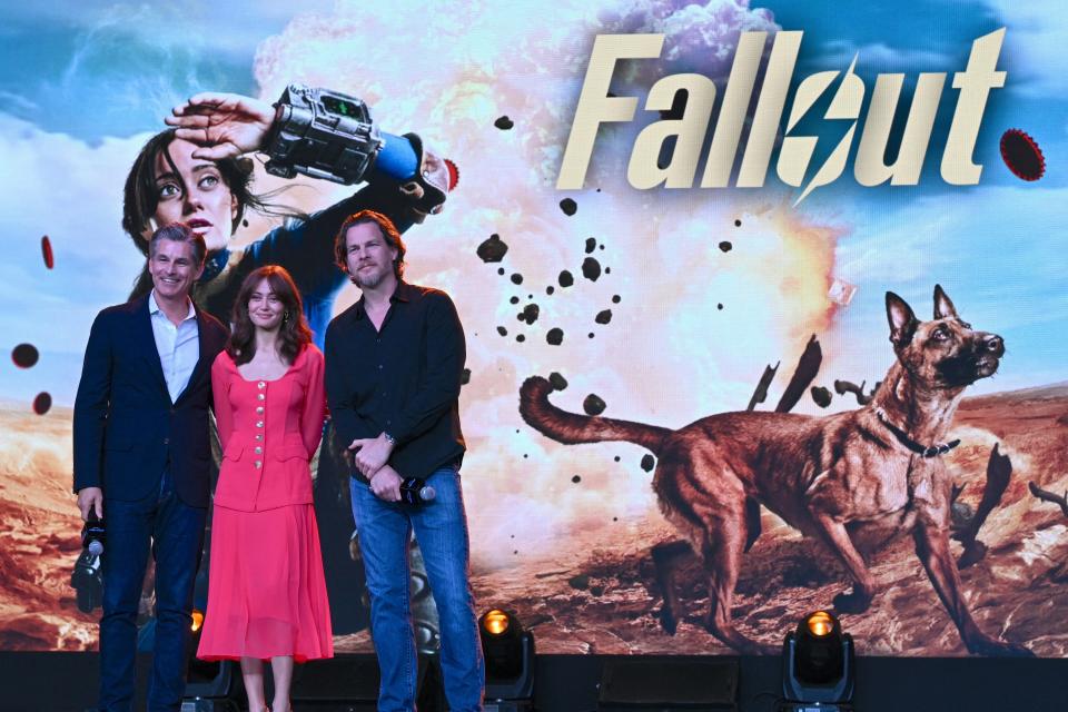 British actor Ella Purcell, at center, is the star of Amazon Primer's new upcoming series "Fallout" based on the popular videogame franchise. Purcell is pictured March 19 with Senior Vice President at Prime Video and Amazon Studios Mike Hopkins (left) and series director Jonathan Nolan (right) during the series launch in Mumbai.