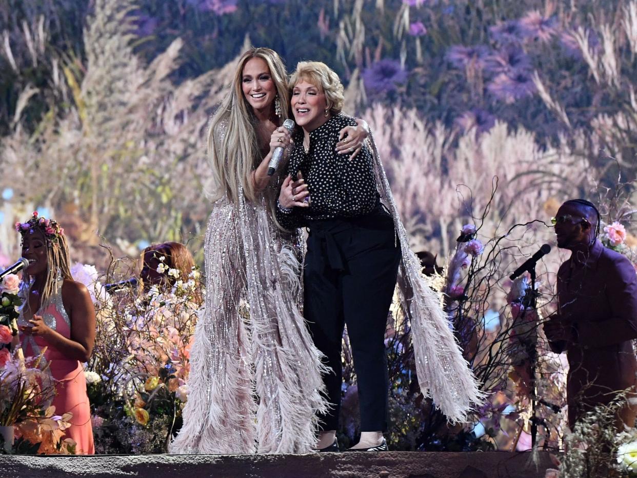 Jennifer Lopez and her mother Guadalupe Rodriguez sing together during the Vax Live fundraising concert on 2 May 2021 in Inglewood, California (VALERIE MACON/AFP via Getty Images)