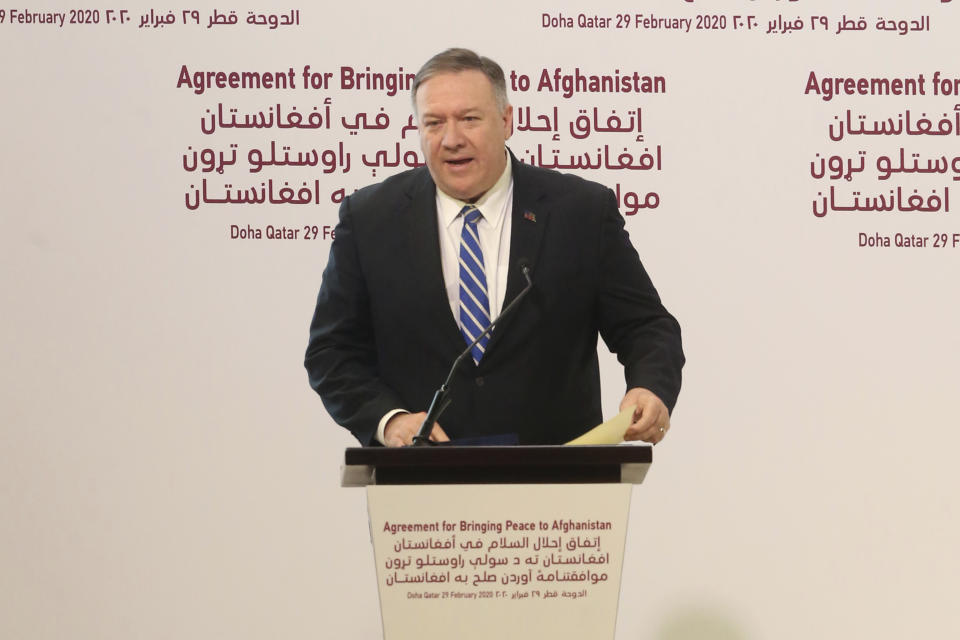 Secretary of State Mike Pompeo speaks during the agreement signing between Taliban and U.S. officials in Doha, Qatar, Saturday, Feb. 29, 2020. The United States is poised to sign a peace agreement with Taliban militants on Saturday aimed at bringing an end to 18 years of bloodshed in Afghanistan and allowing U.S. troops to return home from America's longest war. (AP Photo/Hussein Sayed)