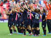 LONDON, ENGLAND - AUGUST 06: The Japan team thank the support during the Women's Football Semi Final match between France and Japan on Day 10 of the London 2012 Olympic Games at Wembley Stadium on August 6, 2012 in London, England. (Photo by Julian Finney/Getty Images)