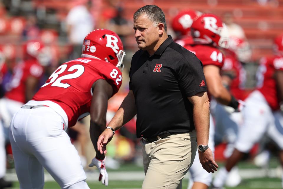 Sep 3, 2023; Piscataway, New Jersey, USA; Rutgers Scarlet Knights head coach Greg Schiano before the game against the Northwestern Wildcats at SHI Stadium. Mandatory Credit: Vincent Carchietta-USA TODAY Sports