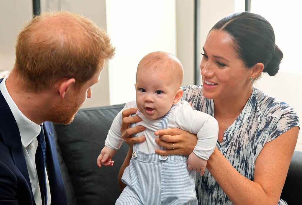 File photo dated 25/09/2019 of the Duke and Duchess of Sussex holding their son Archie during a meeting with Archbishop Desmond Tutu. The Duchess of Sussex gave birth to a 7lb 11oz daughter, Lilibet “Lili” Diana Mountbatten-Windsor, on Friday in California and both mother and child are healthy and well, Meghan’s press secretary said. (PA) (PA Wire)