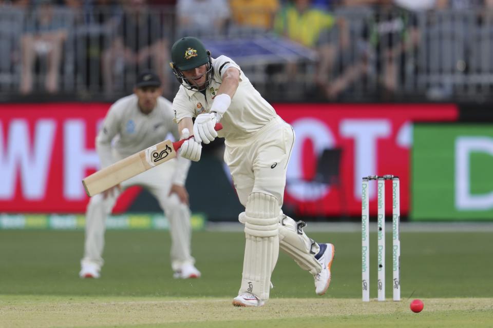 Australia's Marnus Labuschagne plays a ball from New Zealand's Tim Southee during play in their cricket test in Perth, Australia, Thursday, Dec. 12, 2019. (AP Photo/Trevor Collens)