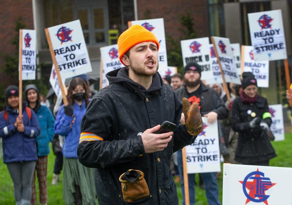 Matt McIntosh, vice president of organizing, speaks during a GTFF rally outside the Erb Memorial Union at the University of Oregon Thursday, Jan. 11, 2024.