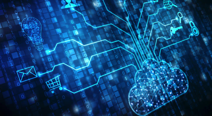 an image of a cloud imprinted on a circuit board lit up by blue circuit lights