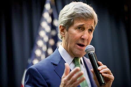 U.S. Secretary of State John Kerry speaks to staff of the U.S. Embassy in Riyadh, Saudi Arabia, January 24, 2016, before leaving Saudi Arabia. REUTERS/Jacquelyn Martin/Pool